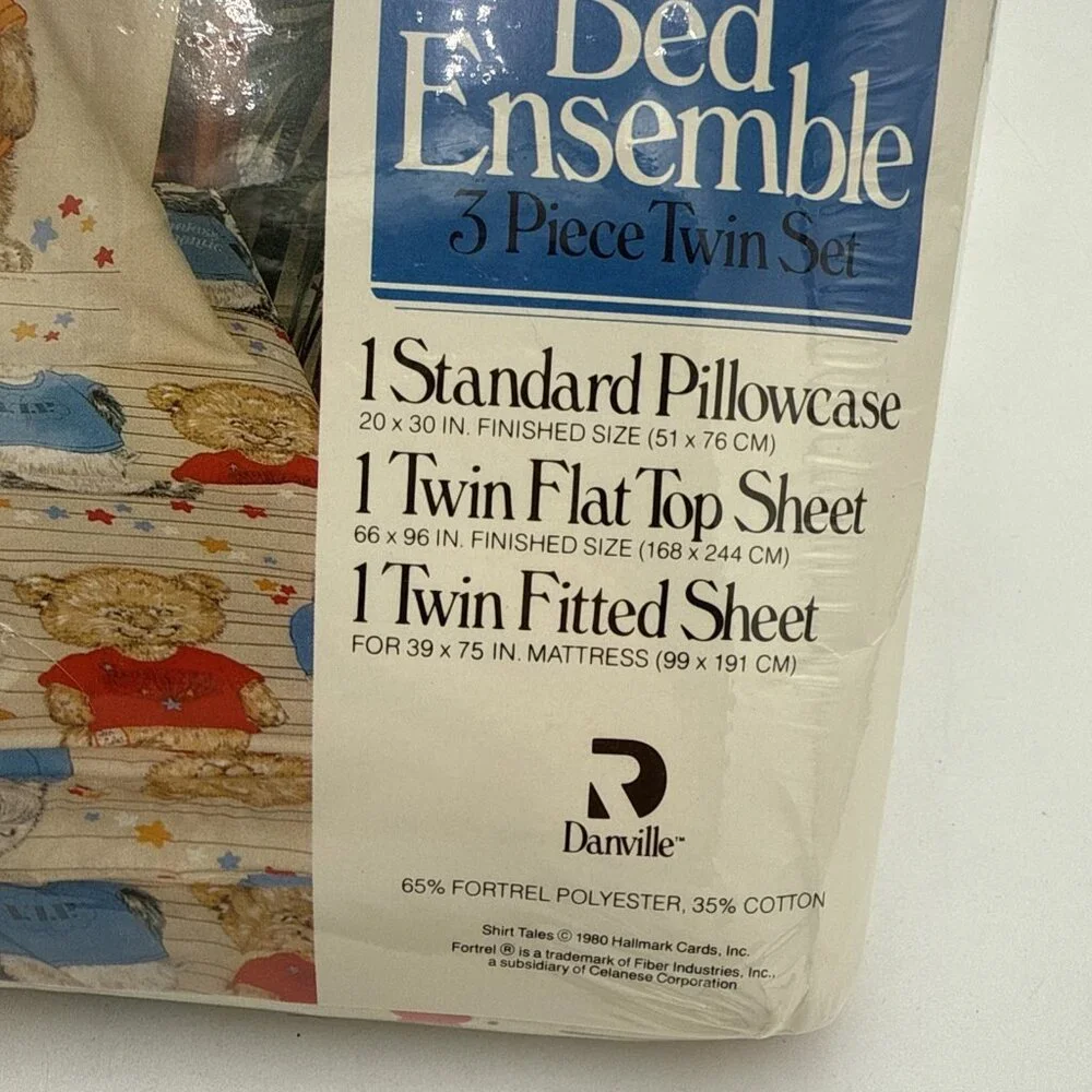 Vintage Shirt Tales 3 Piece Twin Set pillowcase flat & Fitted Bed Sheets New NOS